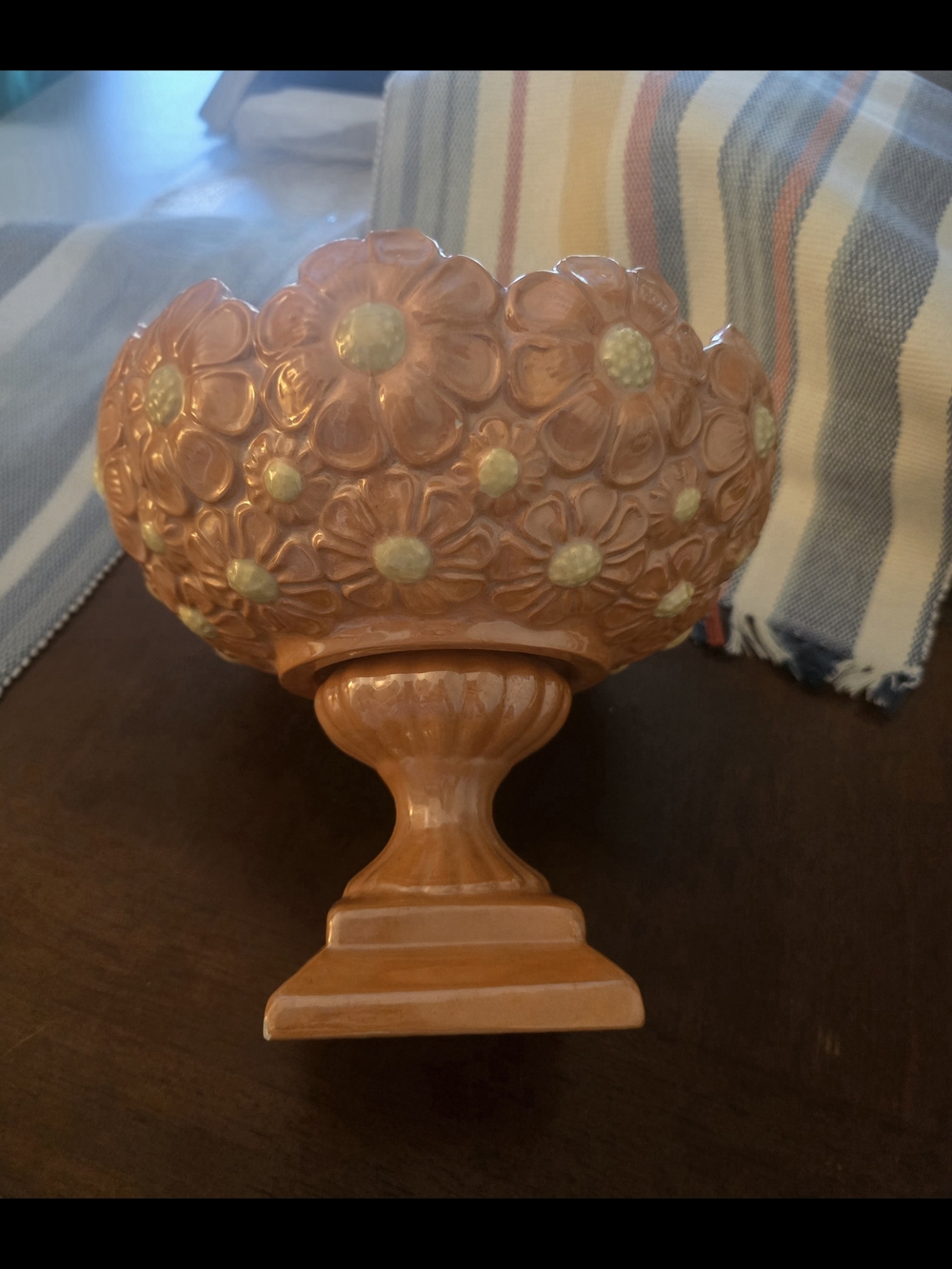 Vintage Home Decor Floral Pedestal Fruit Bowl - Glazed Orange & Yellow